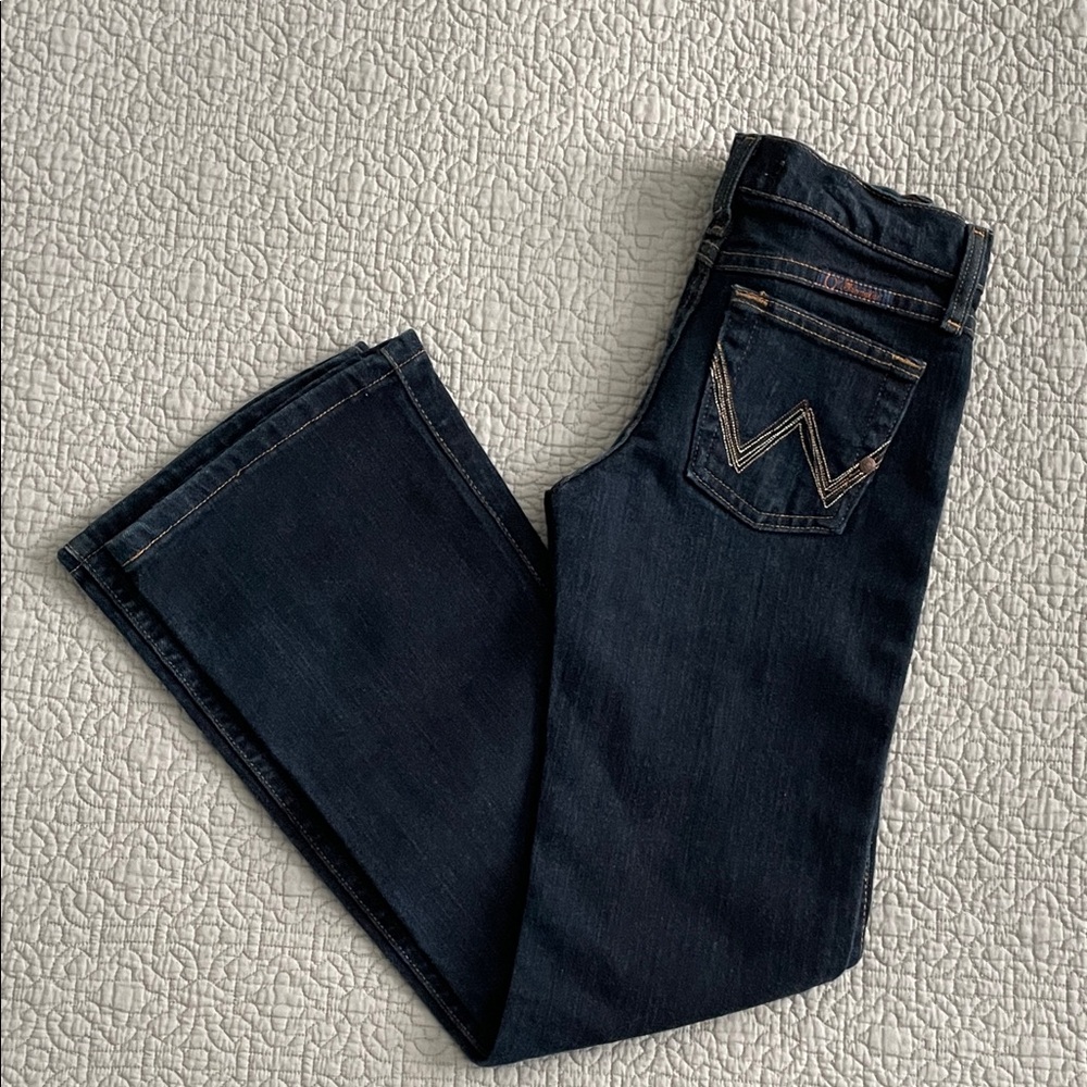 Wrangler Q-Baby Dark Wash Blue Kids Bootcut Jeans Contrast Stitching Cowgirl Cut